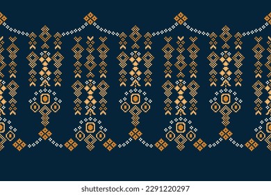 Patrón de tejido geométrico étnico Cross Stitch.Ikat bordado Patrón étnico oriental Pixel patrón azul marino. Resumen,vector,ilustración.Para textura, ropa, bufanda, decoración, alfombra.