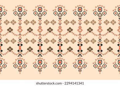 Ethnic geometric fabric pattern Cross Stitch.Ikat embroidery Ethnic oriental Pixel pattern brown cream background. Abstract,vector,illustration.For texture,clothing,scarf,decoration,carpet.