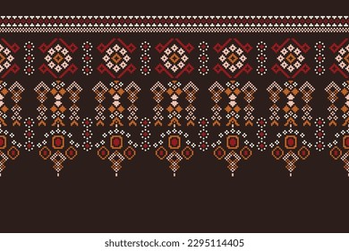 Ethnic geometric fabric pattern Cross Stitch.Ikat embroidery Ethnic oriental Pixel pattern black brown background. Abstract,vector,illustration.For texture,clothing,scarf,decoration,carpet.