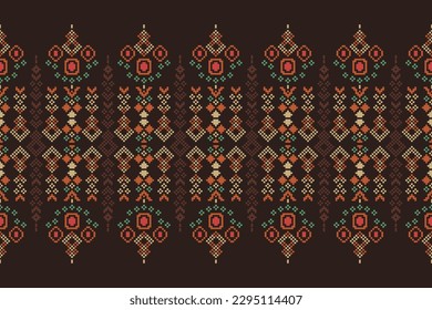 Ethnic geometric fabric pattern Cross Stitch.Ikat embroidery Ethnic oriental Pixel pattern black brown background. Abstract,vector,illustration.For texture,clothing,scarf,decoration,carpet.