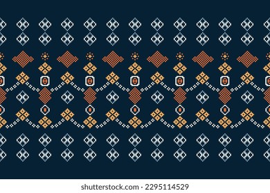Ethnic geometric fabric pattern Cross Stitch.Ikat embroidery Ethnic oriental Pixel pattern navy blue background. Abstract,vector,illustration.For texture,clothing,scarf,decoration,carpet.