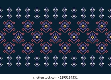 Ethnic geometric fabric pattern Cross Stitch.Ikat embroidery Ethnic oriental Pixel pattern navy blue background. Abstract,vector,illustration.For texture,clothing,scarf,decoration,carpet.