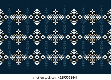 Ethnic geometric fabric pattern Cross Stitch.Ikat embroidery Ethnic oriental Pixel pattern navy blue background. Abstract,vector,illustration.For texture,clothing,scarf,decoration,carpet.