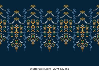 Ethnic geometric fabric pattern Cross Stitch.Ikat embroidery Ethnic oriental Pixel pattern navy blue background. Abstract,vector,illustration.For texture,clothing,scarf,decoration,carpet.