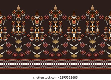 Ethnic geometric fabric pattern Cross Stitch.Ikat embroidery Ethnic oriental Pixel pattern black brown background. Abstract,vector,illustration.For texture,clothing,scarf,decoration,carpet.