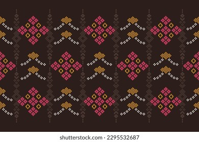 Patrón de tejido geométrico étnico Cross Stitch.Ikat bordado Patrón de Pixel Étnico oriental de fondo marrón negro. Resumen,vector,ilustración.Para textura, ropa, bufanda, decoración, alfombra.