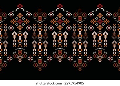 Ethnische geometrische Stoffmuster Cross Stitch.Ikat Stickerei Ethnische orientalische Pixel Muster schwarzen Hintergrund. Abstrakt,Vektorgrafik,Illustration.Für Textur, Kleidung, Schal, Dekoration, Teppich.