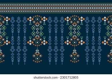 Ethnic geometric fabric pattern Cross Stitch.Ikat embroidery Ethnic oriental Pixel pattern navy blue background. Abstract,vector,illustration. Texture,clothing,scarf,decoration,carpet,silk wallpaper.