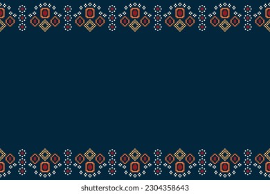 Ethnic geometric fabric pattern Cross Stitch.Ikat embroidery Ethnic oriental Pixel pattern navy blue background. Abstract,vector,illustration. Texture,clothing,scarf,decoration,carpet,silk wallpaper.
