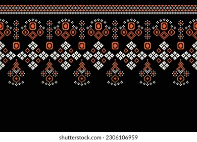 Patrón de tejido geométrico étnico Cross Stitch.Ikat bordado Patrón de Pixel Étnico oriental de fondo negro. Resumen,vector,ilustración. Textura, ropa, bufanda, decoración, alfombra, papel tapiz de seda.