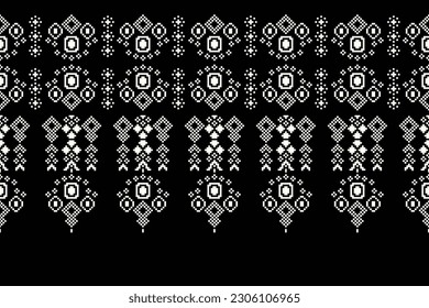 Patrón de tejido geométrico étnico Cross Stitch.Ikat bordado Patrón de Pixel Étnico oriental de fondo negro. Resumen,vector,ilustración. Textura, ropa, bufanda, decoración, alfombra, papel tapiz de seda.