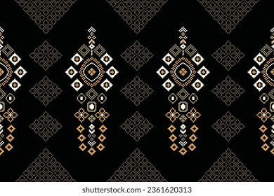 Ethnic geometric fabric pattern Cross Stitch.Ikat embroidery Ethnic oriental Pixel pattern black background. Abstract,vector,illustration. Texture,clothing,frame,decoration,motifs,silk wallpaper.