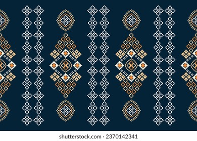 Ethnic geometric fabric pattern Cross Stitch.Ikat embroidery Ethnic oriental Pixel pattern blue background. Abstract,vector,illustration. Texture,clothing,frame,decoration,motifs,silk,wallpaper.