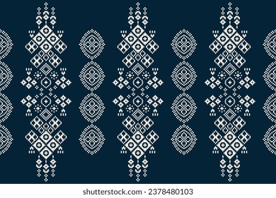 Ethnic geometric fabric pattern Cross Stitch.Ikat embroidery Ethnic oriental Pixel pattern blue background. Abstract,vector,illustration. Texture,clothing,frame,decoration,motifs,silk,wallpaper.