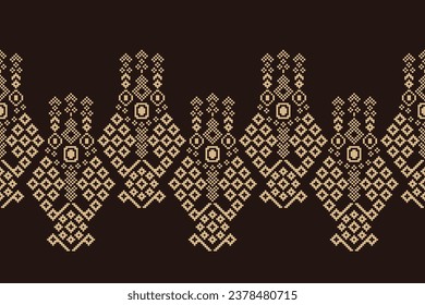 Ethnic geometric fabric pattern Cross Stitch.Ikat embroidery Ethnic oriental Pixel pattern brown background. Abstract,vector,illustration. Texture,clothing,frame,decoration,motifs,silk,wallpaper.