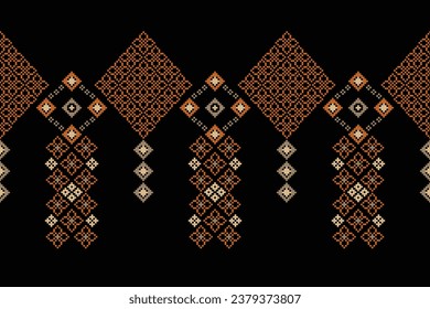 Patrón de tejido geométrico étnico Cross Stitch.Ikat bordado Patrón de Pixel Étnico oriental de fondo negro. Resumen,vector,ilustración. Textura, ropa, marco, decoración, motivos, papel pintado de seda.