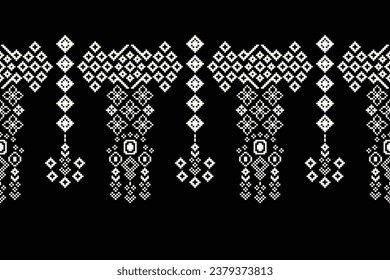 Patrón de tejido geométrico étnico Cross Stitch.Ikat bordado Patrón de Pixel Étnico oriental de fondo negro. Resumen,vector,ilustración. Textura, ropa, marco, decoración, motivos, papel pintado de seda.