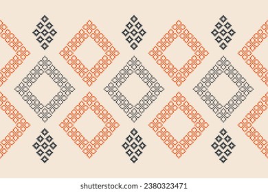 Ethnic geometric fabric pattern Cross Stitch.Ikat embroidery Ethnic oriental Pixel pattern brown cream background. Abstract,vector,illustration. Texture,cloth,frame,decoration,motifs,silk,wallpaper.