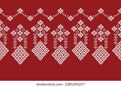 Ethnic geometric fabric pattern Cross Stitch.Ikat embroidery Ethnic oriental Pixel pattern red background. Abstract,vector,illustration. Texture,clothing,frame,decoration,motifs,silk,wallpaper.