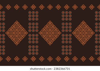 Ethnic geometric fabric pattern Cross Stitch.Ikat embroidery Ethnic oriental Pixel pattern brown background. Abstract,vector,illustration. Texture,clothing,frame,decoration,motifs,silk,wallpaper.