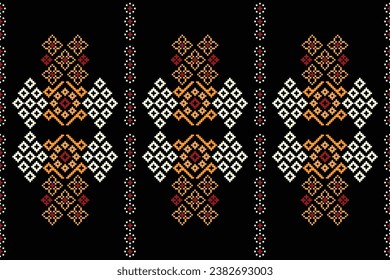 Ethnic geometric fabric pattern Cross Stitch.Ikat embroidery Ethnic oriental Pixel pattern black background. Abstract,vector,illustration. Texture,clothing,frame,decoration,motifs,silk wallpaper.