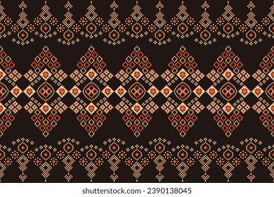 Patrón de tejido geométrico étnico Cross Stitch.Ikat bordado Patrón de Pixel oriental étnico de fondo marrón. Resumen,vector,ilustración. Textura, ropa, marco, decoración, motivos, seda, papel pintado.
