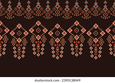 Ethnic geometric fabric pattern Cross Stitch.Ikat embroidery Ethnic oriental Pixel pattern brown background. Abstract,vector,illustration. Texture,clothing,frame,decoration,motifs,silk,wallpaper.