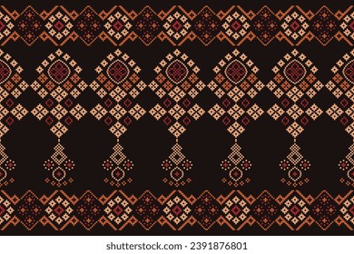 Patrón de tejido geométrico étnico Cross Stitch.Ikat bordado Patrón de Pixel oriental étnico de fondo marrón. Resumen,vector,ilustración. Textura, ropa, marco, decoración, motivos, seda, papel pintado.