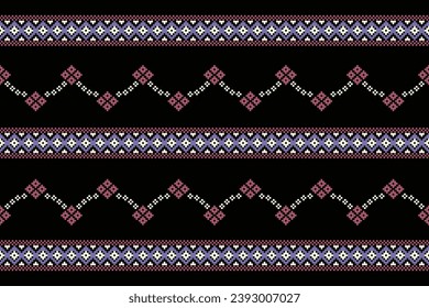 Patrón de tejido geométrico étnico Cross Stitch.Ikat bordado Patrón de Pixel Étnico oriental de fondo negro. Resumen,vector,ilustración. Textura, ropa, marco, decoración, motivos, papel pintado de seda.