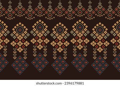 Ethnic geometric fabric pattern Cross Stitch.Ikat embroidery Ethnic oriental Pixel pattern brown background. Abstract,vector,illustration. Texture,clothing,frame,decoration,motifs,silk,wallpaper.