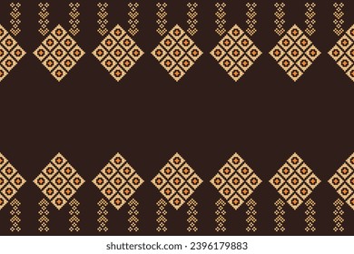 Ethnic geometric fabric pattern Cross Stitch.Ikat embroidery Ethnic oriental Pixel pattern brown background. Abstract,vector,illustration. Texture,clothing,frame,decoration,motifs,silk,wallpaper.