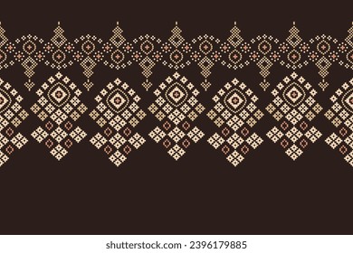 Ethnic geometric fabric pattern Cross Stitch.Ikat embroidery Ethnic oriental Pixel pattern brown background. Abstract,vector,illustration. Texture,clothing,frame,decoration,motifs,silk,wallpaper.