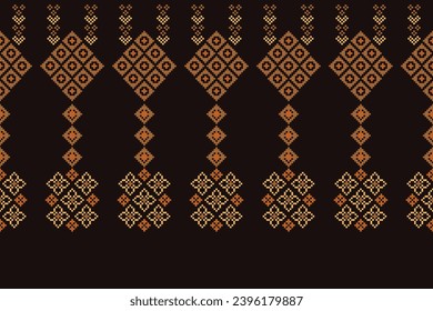 Ethnic geometric fabric pattern Cross Stitch.Ikat embroidery Ethnic oriental Pixel pattern brown background. Abstract,vector,illustration. Texture,clothing,frame,decoration,motifs,silk,wallpaper.