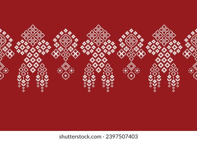 Patrón de tejido geométrico étnico Cross Stitch. Borde de Ikat. Origen del día de la navidad roja del patrón de los Pixel orientales étnicos. Resumen,vector,ilustración. Textura, marco, decoración, motivos, papel pintado de seda.