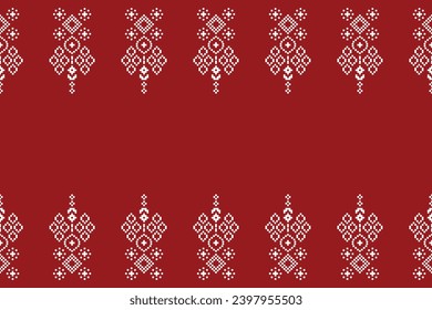 Ethnische geometrische Stoffmuster Cross Stitch.Ikat Stickerei Ethnische orientalische Pixel Muster rote Weihnachtshintergrund. Abstrakt, Vektorgrafik, Illustration. Textur, Rahmen, Dekoration, Motive, Seidenhintergrund.