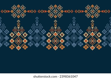 Ethnic geometric fabric pattern Cross Stitch.Ikat embroidery Ethnic oriental Pixel pattern blue background. Abstract,vector,illustration. Texture,clothing,frame,decoration,motifs,silk,wallpaper.