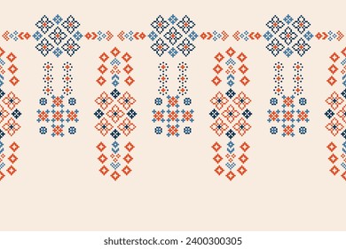 Ethnic geometric fabric pattern Cross Stitch.Ikat embroidery Ethnic oriental Pixel pattern brown cream background. Abstract,vector,illustration. Texture,clothing,frame,motifs,silk wallpaper.