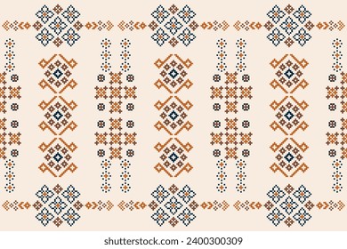 Ethnic geometric fabric pattern Cross Stitch.Ikat embroidery Ethnic oriental Pixel pattern brown cream background. Abstract,vector,illustration. Texture,clothing,frame,motifs,silk wallpaper.