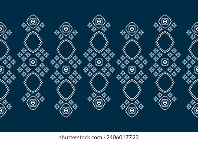 Patrón de tejido geométrico étnico Cross Stitch.Ikat bordado Patrón de Pixel Étnico oriental de fondo azul. Resumen,vector,ilustración. Textura, ropa, marco, decoración, motivos, seda, papel pintado.