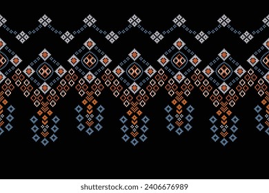 Ethnic geometric fabric pattern Cross Stitch.Ikat embroidery Ethnic oriental Pixel pattern black background. Abstract,vector,illustration. Texture,clothing,frame,decoration,motifs,silk wallpaper.