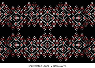 Ethnische geometrische Stoffmuster Cross Stitch.Ikat Stickerei Ethnische orientalische Pixel Muster schwarzen Hintergrund. Abstrakt, Vektorgrafik, Illustration. Textur, Kleidung, Rahmen, Dekoration, Motive, Seidenhintergrund.