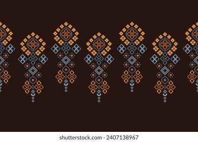 Ethnic geometric fabric pattern Cross Stitch.Ikat embroidery Ethnic oriental Pixel pattern brown background. Abstract,vector,illustration. Texture,clothing,frame,decoration,motifs,silk,wallpaper.