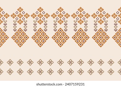 Ethnic geometric fabric pattern Cross Stitch.Ikat embroidery Ethnic oriental Pixel pattern brown cream background. Abstract,vector,illustration. Texture,clothing,frame,motifs,silk wallpaper.