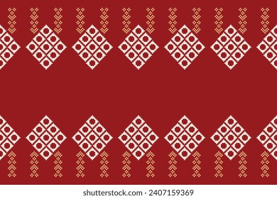 Ethnic geometric fabric pattern Cross Stitch.Ikat embroidery Ethnic oriental Pixel pattern red christmas day background. Abstract,vector,illustration. Texture,frame,decoration,motifs,silk wallpaper.