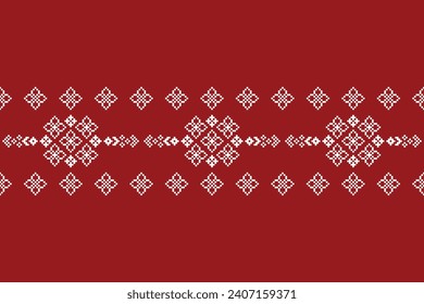 Ethnic geometric fabric pattern Cross Stitch.Ikat embroidery Ethnic oriental Pixel pattern red christmas day background. Abstract,vector,illustration. Texture,frame,decoration,motifs,silk wallpaper.