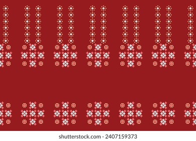 Ethnic geometric fabric pattern Cross Stitch.Ikat embroidery Ethnic oriental Pixel pattern red christmas day background. Abstract,vector,illustration. Texture,frame,decoration,motifs,silk wallpaper.