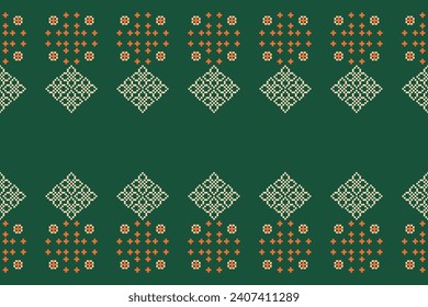 Ethnic geometric fabric pattern Cross Stitch.Ikat embroidery Ethnic oriental Pixel pattern green background. Abstract,vector,illustration. Texture,clothing,frame,decoration,motifs,silk wallpaper.