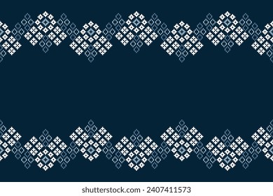 Ethnic geometric fabric pattern Cross Stitch.Ikat embroidery Ethnic oriental Pixel pattern blue background. Abstract,vector,illustration. Texture,clothing,frame,decoration,motifs,silk wallpaper.