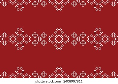 Ethnic geometric fabric pattern Cross Stitch.Ikat embroidery Ethnic oriental Pixel pattern red christmas day background. Abstract,vector,illustration. Texture,frame,decoration,motifs,silk wallpaper.