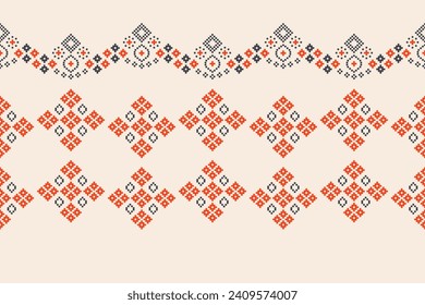 Ethnic geometric fabric pattern Cross Stitch.Ikat embroidery Ethnic oriental Pixel pattern brown cream background. Abstract,vector,illustration. Texture,clothing,frame,motifs,silk wallpaper.